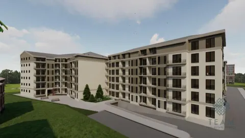 Exterior view of the residential building with landscaped courtyard and access road. - image 8