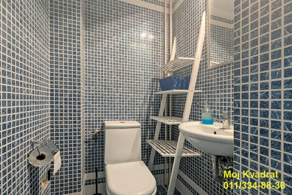 Bathroom with blue mosaic tiles, toilet, washbasin, and white shelving unit.