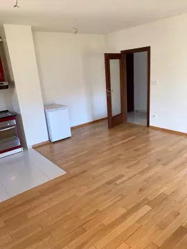 Prazna soba sa parketom, otvorenim vratima i malom kuhinjskom nišom. - image 7