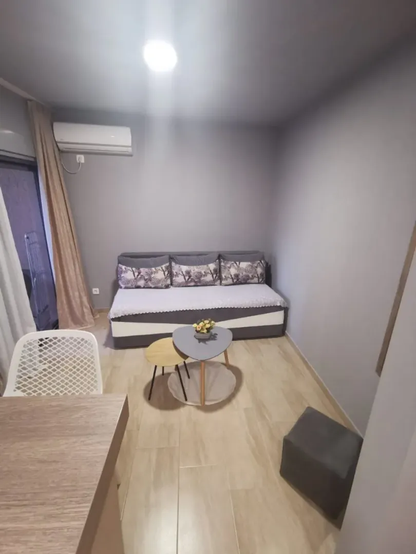 Manja dnevna soba sa garniturom za sedenje, stočićima i klima uređajem.