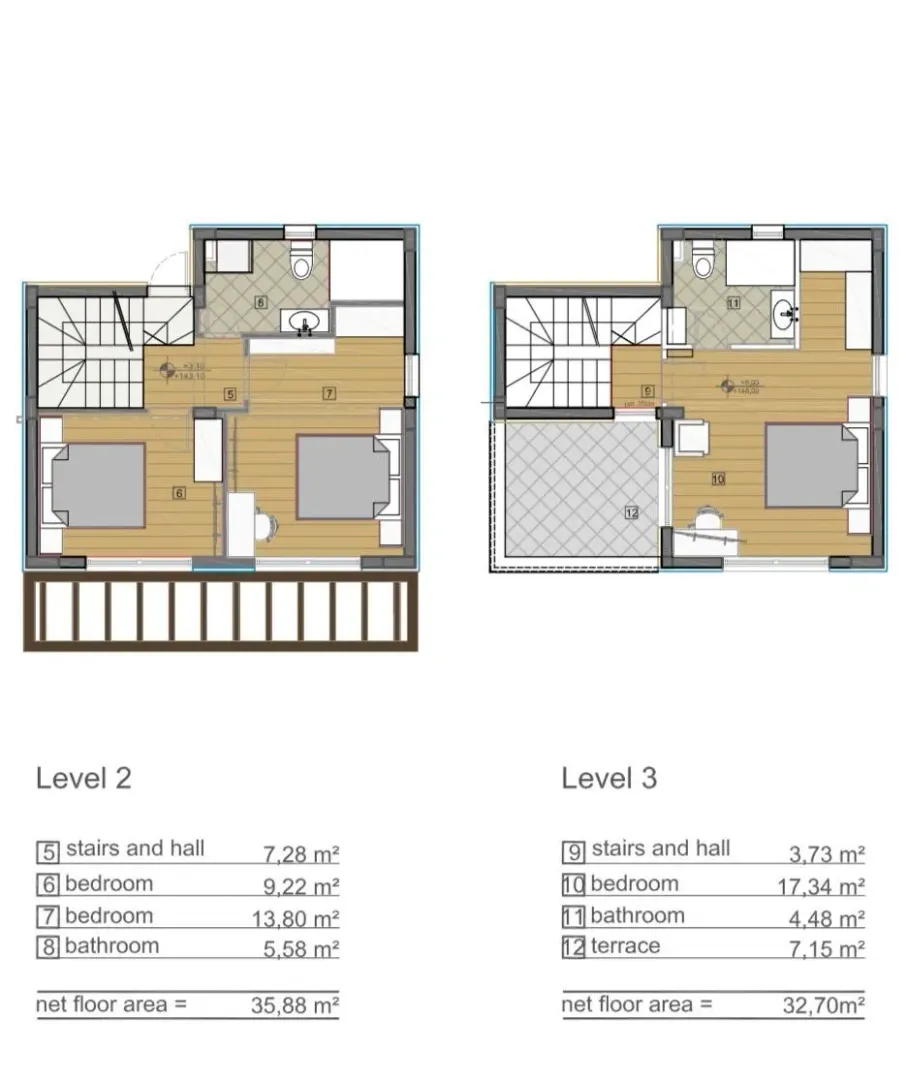 Architectural floor plan of level 2 and 3 showing room dimensions.