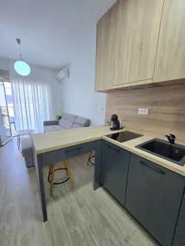 Moderna kuhinja sa šankom i otvorenim pogledom na dnevni boravak i terasu. - image 5