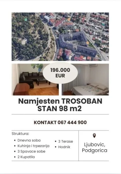 Prodaja, trosoban stan, 98m², Ljubović, Podgorica