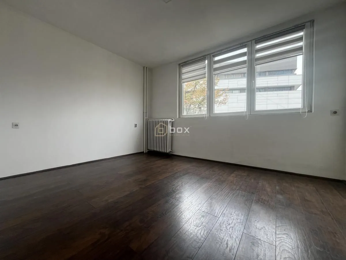 Empty room with dark parquet flooring and windows.