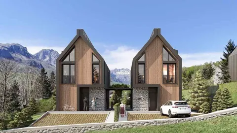 Spoljašnji izgled moderne planinske kuće sa drvenom fasadom i pogledom na planine. - image 4