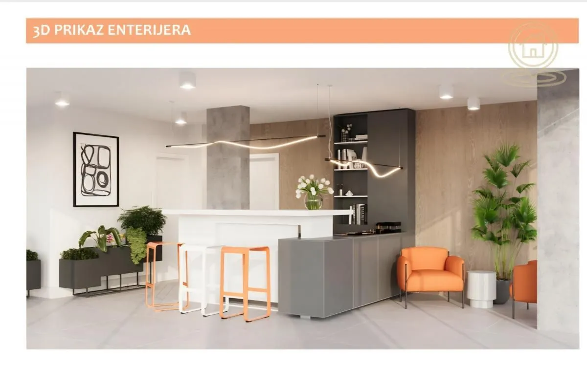 3D render of a modern interior with a bar counter and seating area.