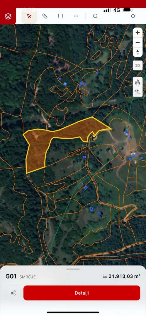 Katastarski snimak sa označenom parcelom i prikazanom površinom.