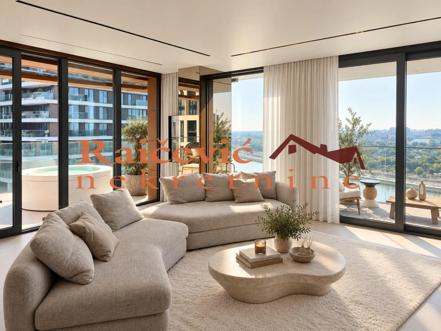 Spacious bright living room with a comfortable sofa and large glass surfaces with a river view.