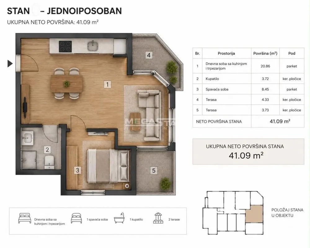 Sale, one bedroom apartment, 41m², Miljakovac, Rakovica