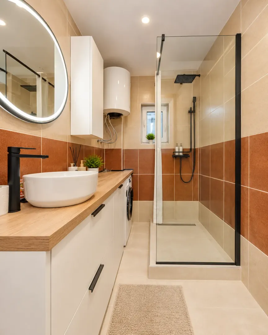 Modernly equipped bathroom with a shower cabin, washbasin, and washing machine.