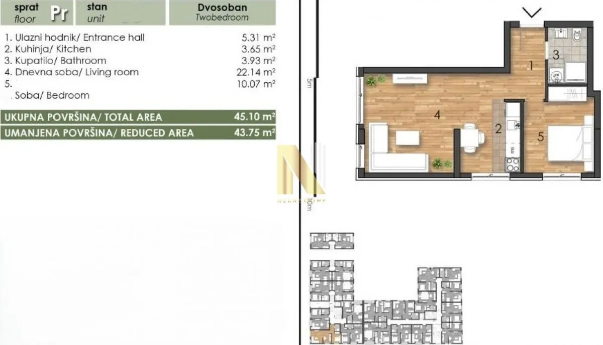 Sale, two bedroom apartment, 44m², Telep, Novi Sad Sve Podlokacije