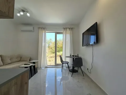 Living room with a sofa, dining table, and nature view. - image 5