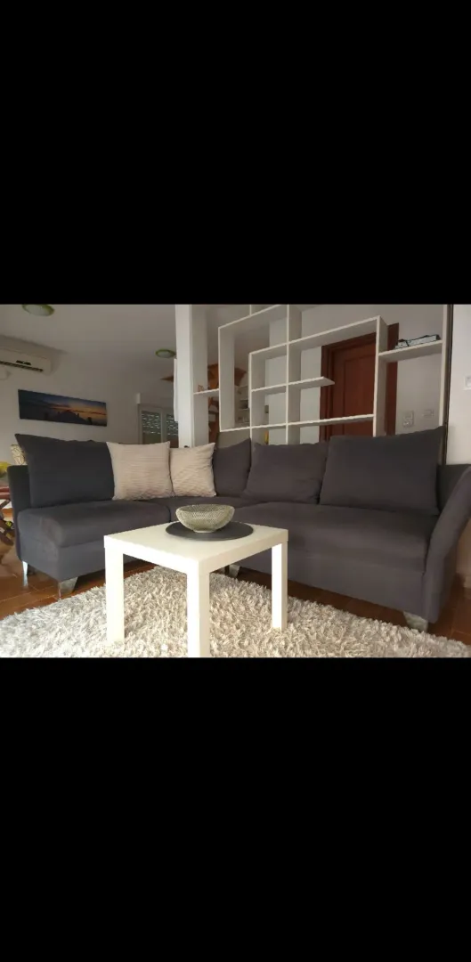 Living room with a sectional sofa, white coffee table, and rug.