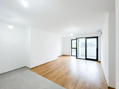 Prazna soba sa bijelim zidovima, drvenim podom i izlazom na terasu. - image 6