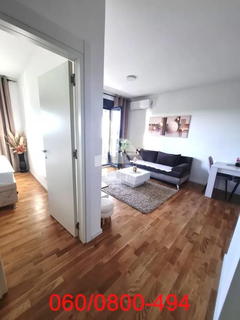 Pogled iz hodnika na nameštenu dnevnu sobu i izlaz na terasu.
