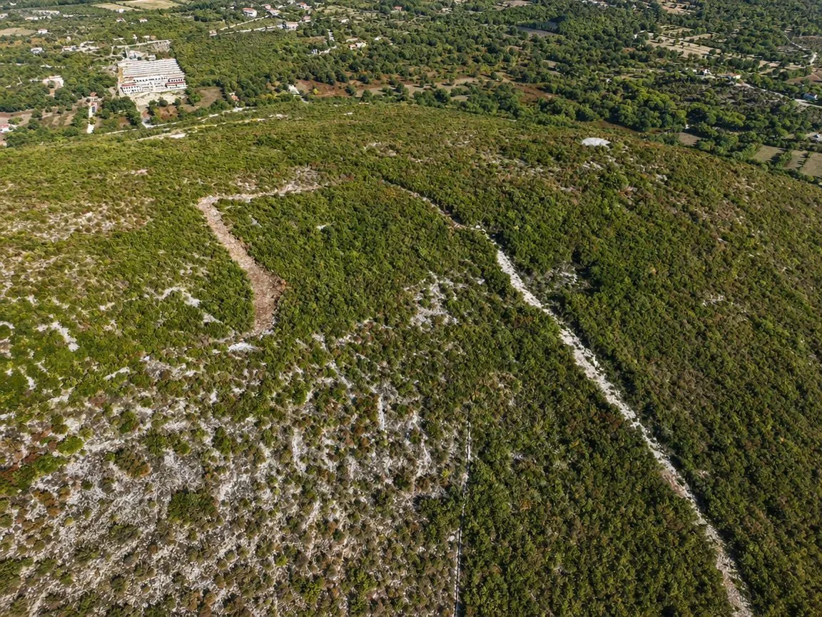 Pogled iz vazduha na brdoviti pejzaž sa rastinjem i okolinom.