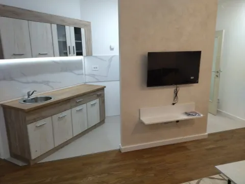 Modern kitchen with wooden elements and sink, connected to the living room. - image 4