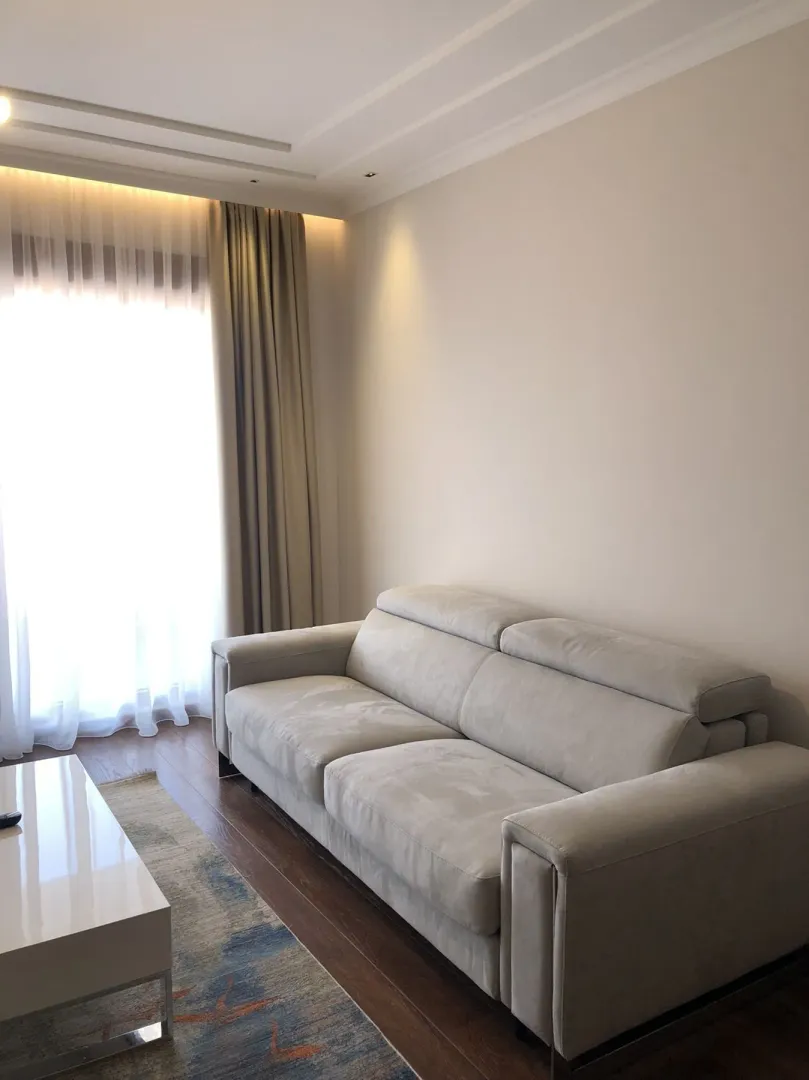 Bright living room with a modern grey sofa and coffee table.