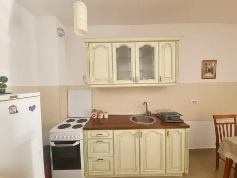 Manja kuhinja sa svijetlim elementima, šporetom i frižiderom. - image 6