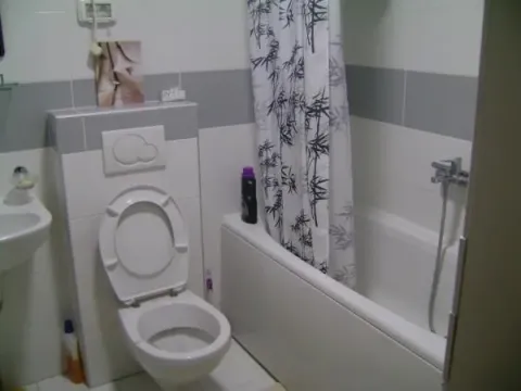 Jednostavno kupatilo sa kadom, toaletom i sivim pločicama. - image 7