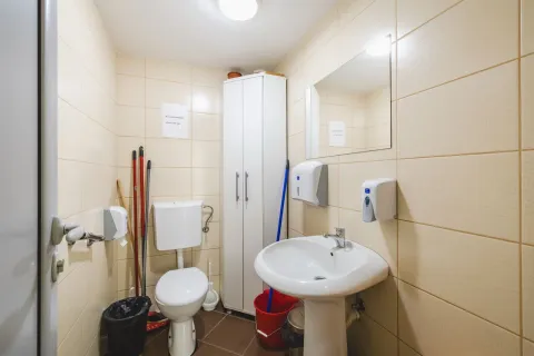 Small bathroom with a toilet, washbasin, mirror, and white cabinet. - image 9
