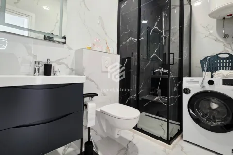 Modernly equipped bathroom with a shower cabin, washbasin, and washing machine. - image 3