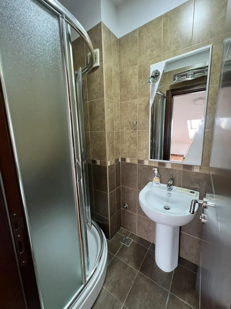 A functional bathroom with a shower cabin and sink.