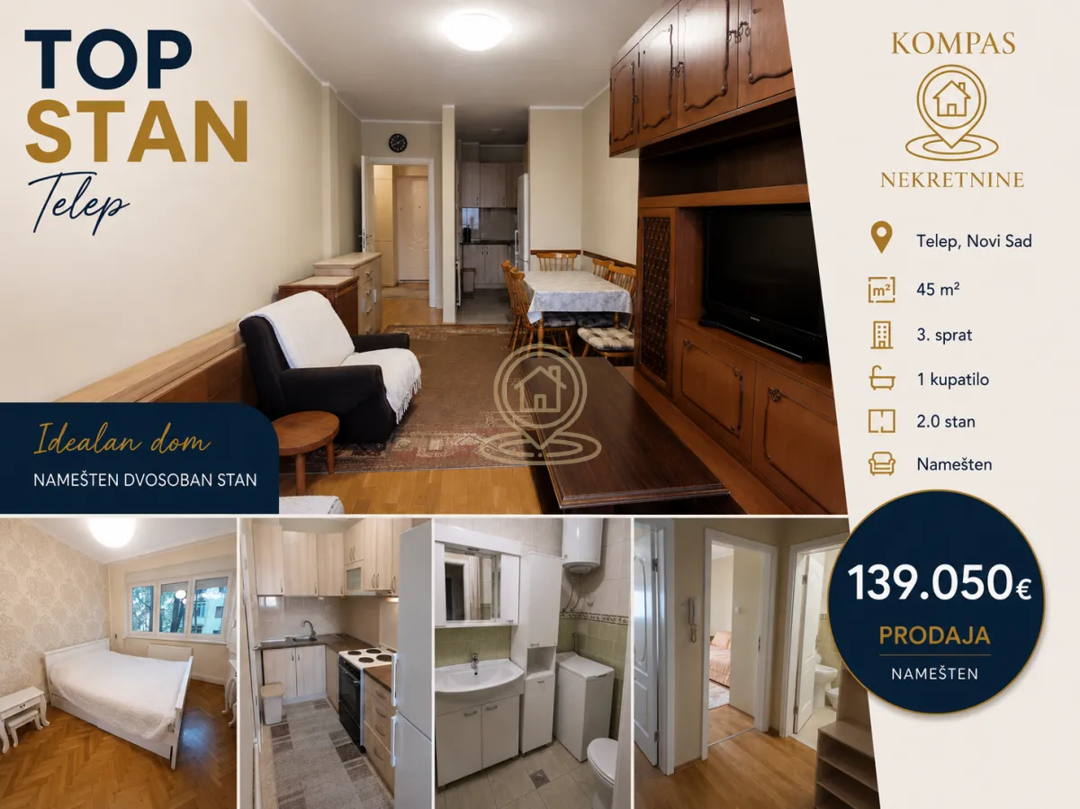 Prodaja, dvosoban stan, 45m², Telep, Novi Sad Sve Podlokacije