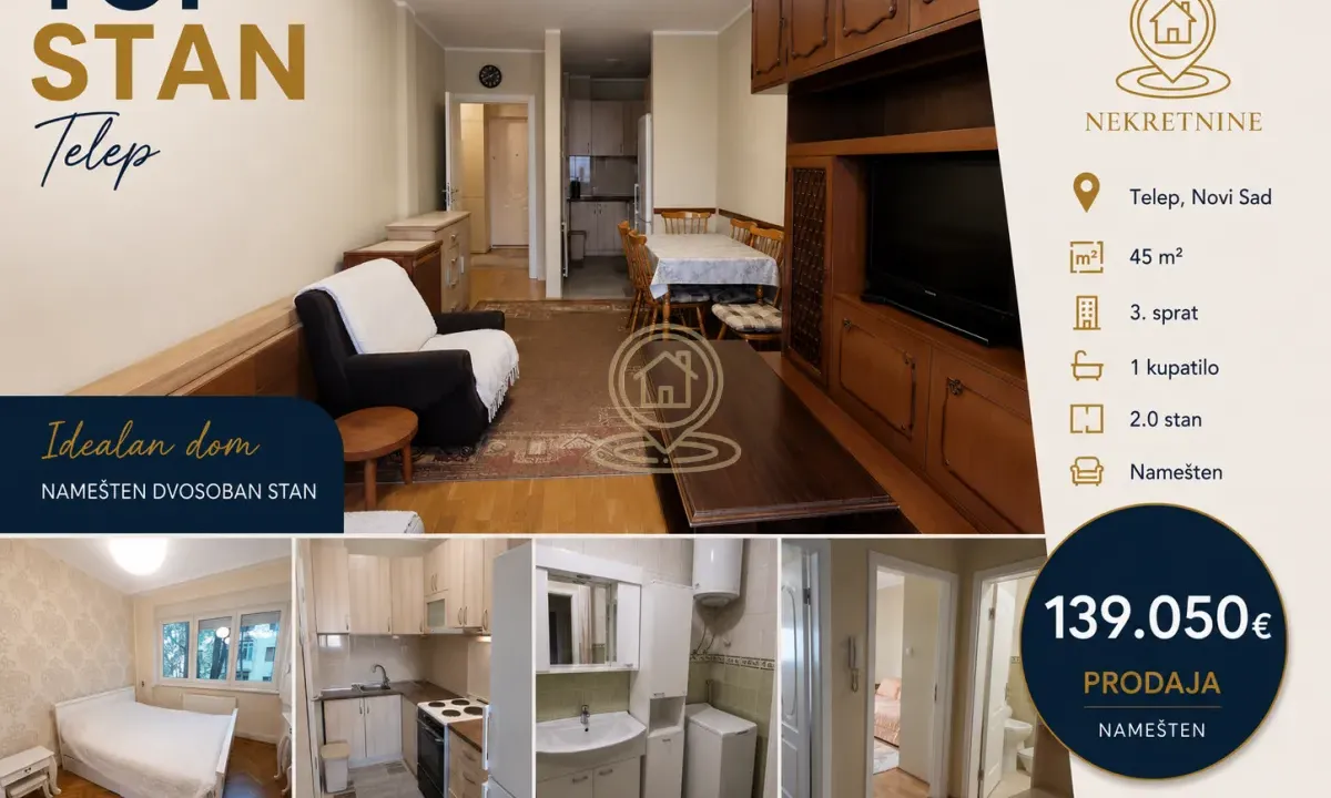 Sale, two bedroom apartment, 45m², Telep, Novi Sad Sve Podlokacije