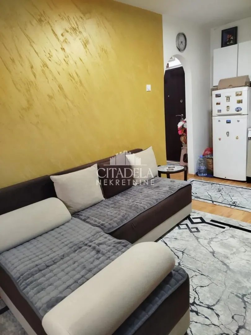Living room with a sofa and a decorative yellow wall.