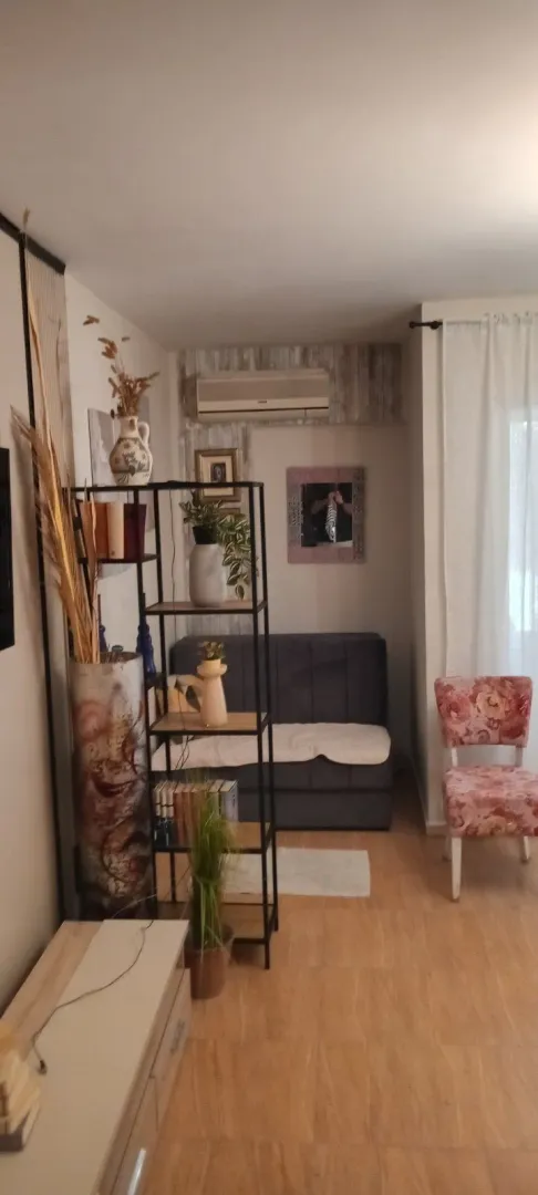 Small living room with a shelving unit and sofa.