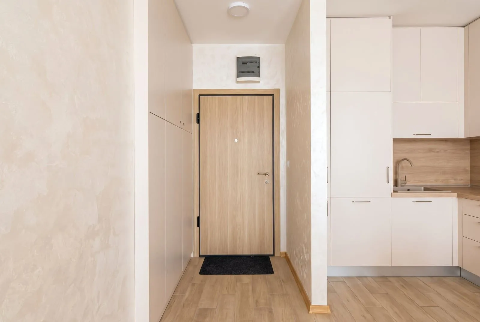 Hallway with an entrance door and part of the kitchen in light tones.