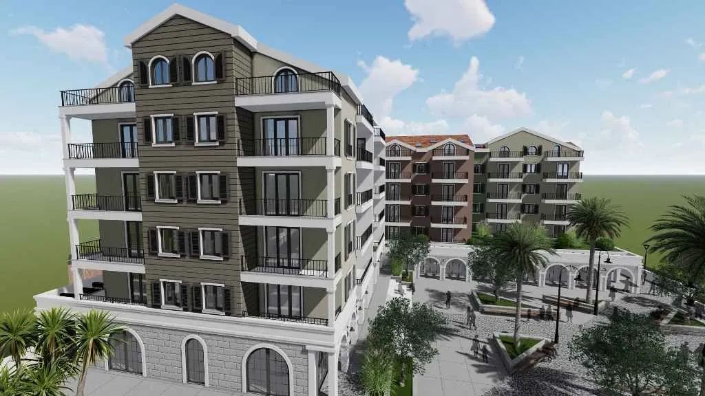 Render stambenog kompleksa sa dvorištem i palmama.