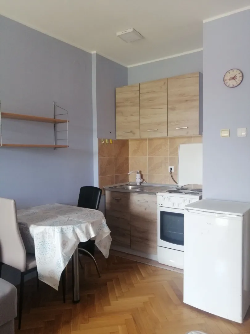 Smaller kitchen with a dining table and wooden cabinets.