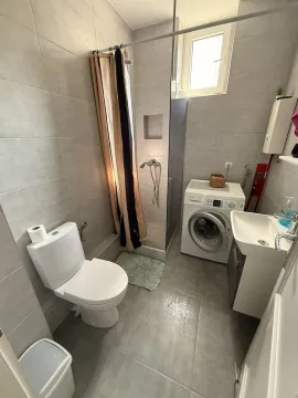 Bathroom equipped with a shower cabin, washbasin, toilet, and washing machine. - image 9