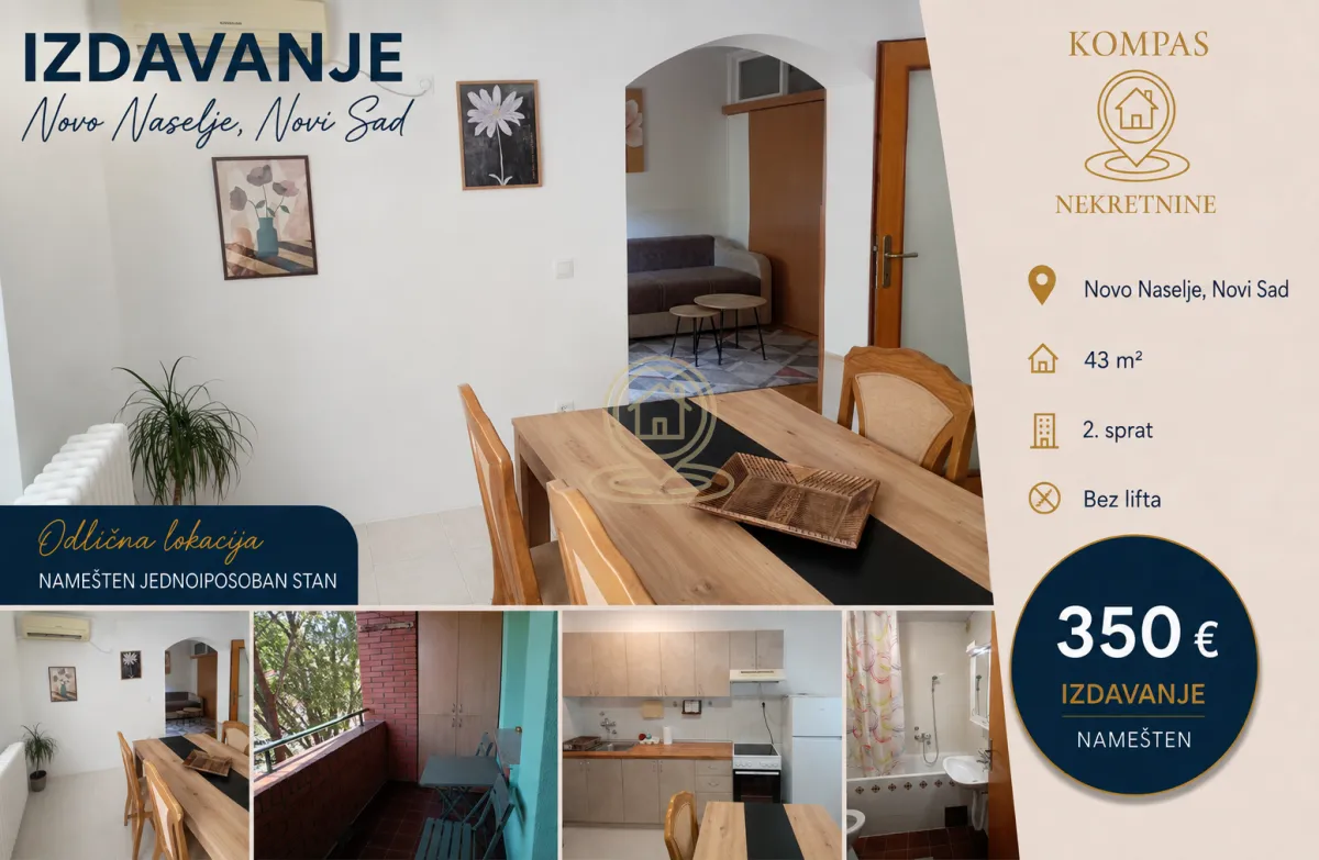 Izdavanje, jednosoban stan, 43m², Novo naselje, Novi Sad