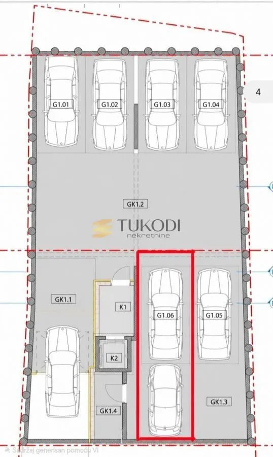 Floor plan of the garage with marked parking spaces and garage spots.