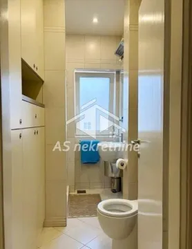 View of the bathroom with a sink, toilet, and built-in cabinets. - image 19