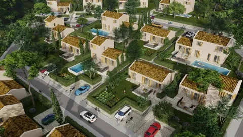Prikaz kompleksa kuća sa bazenima i uređenim dvorištima iz ptičje perspektive. - image 4