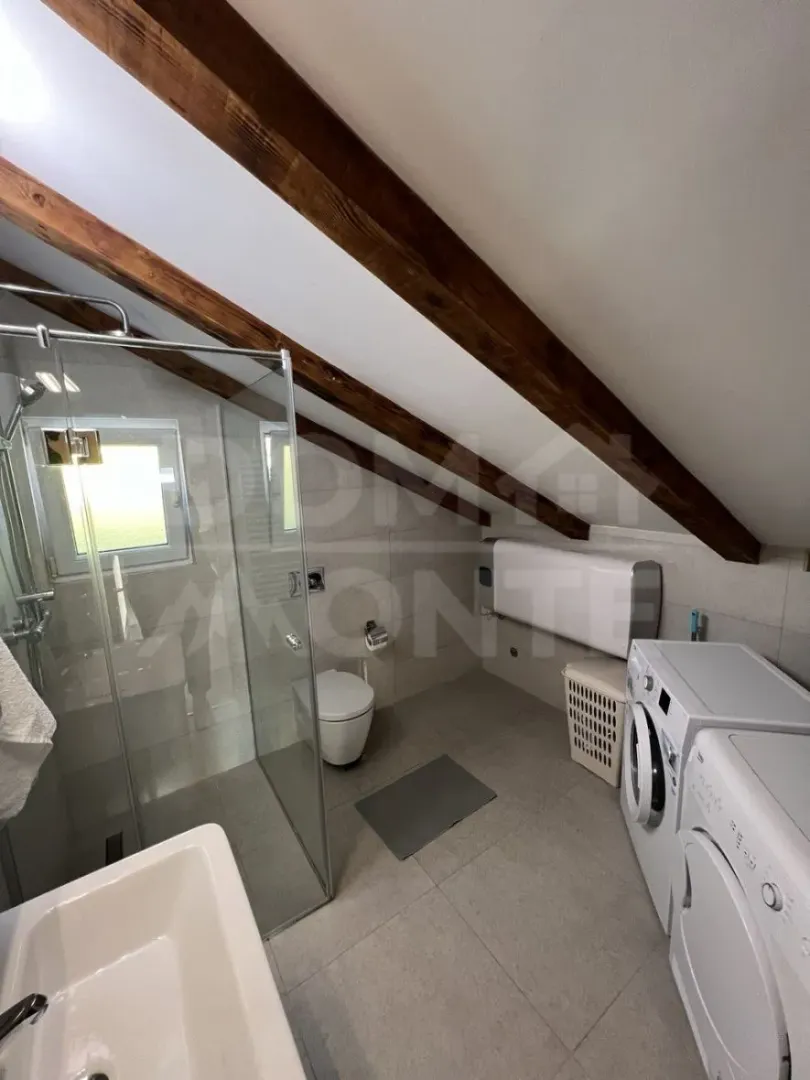 Modern attic bathroom with a walk-in shower and laundry appliances.