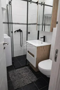 Modernly equipped bathroom with a walk-in shower, washbasin, and toilet. - image 3