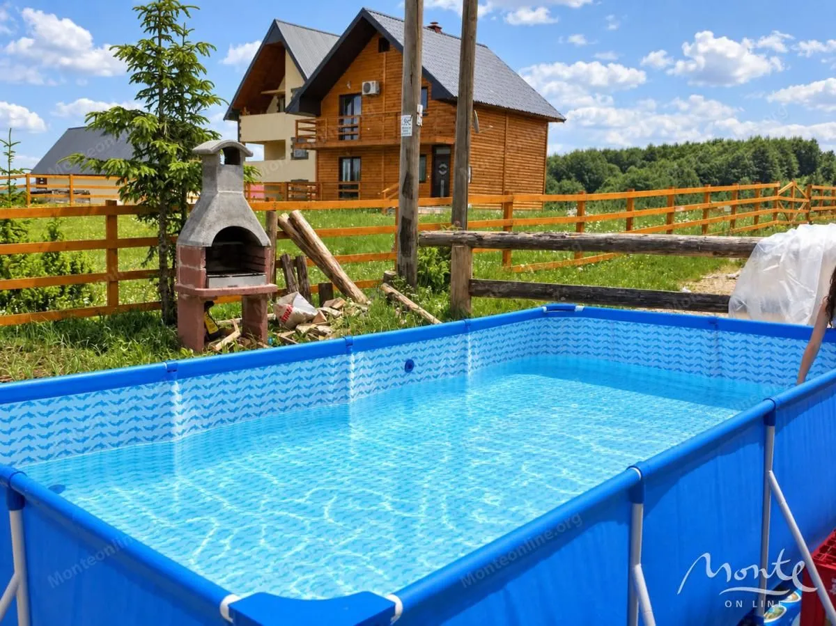 Yard with an above-ground pool, barbecue, and a view of the wooden house.