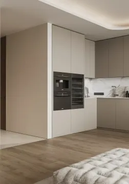 Moderna kuhinja sa ugradnim aparatima i mermernom pozadinom. - image 9