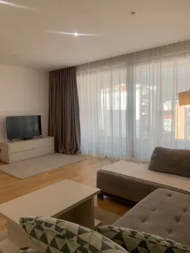 Dnevna soba sa garniturom, TV-om i velikim prozorima sa svijetlim zavesama. - image 11