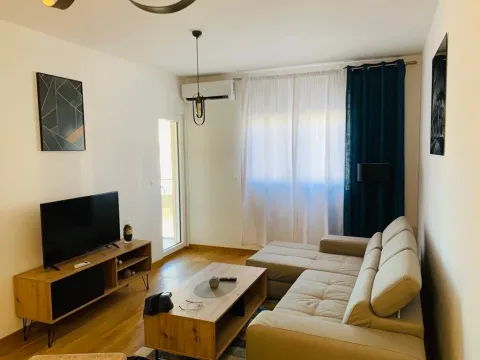 Living room furnished with a sofa, TV, and wooden coffee table. - image 2