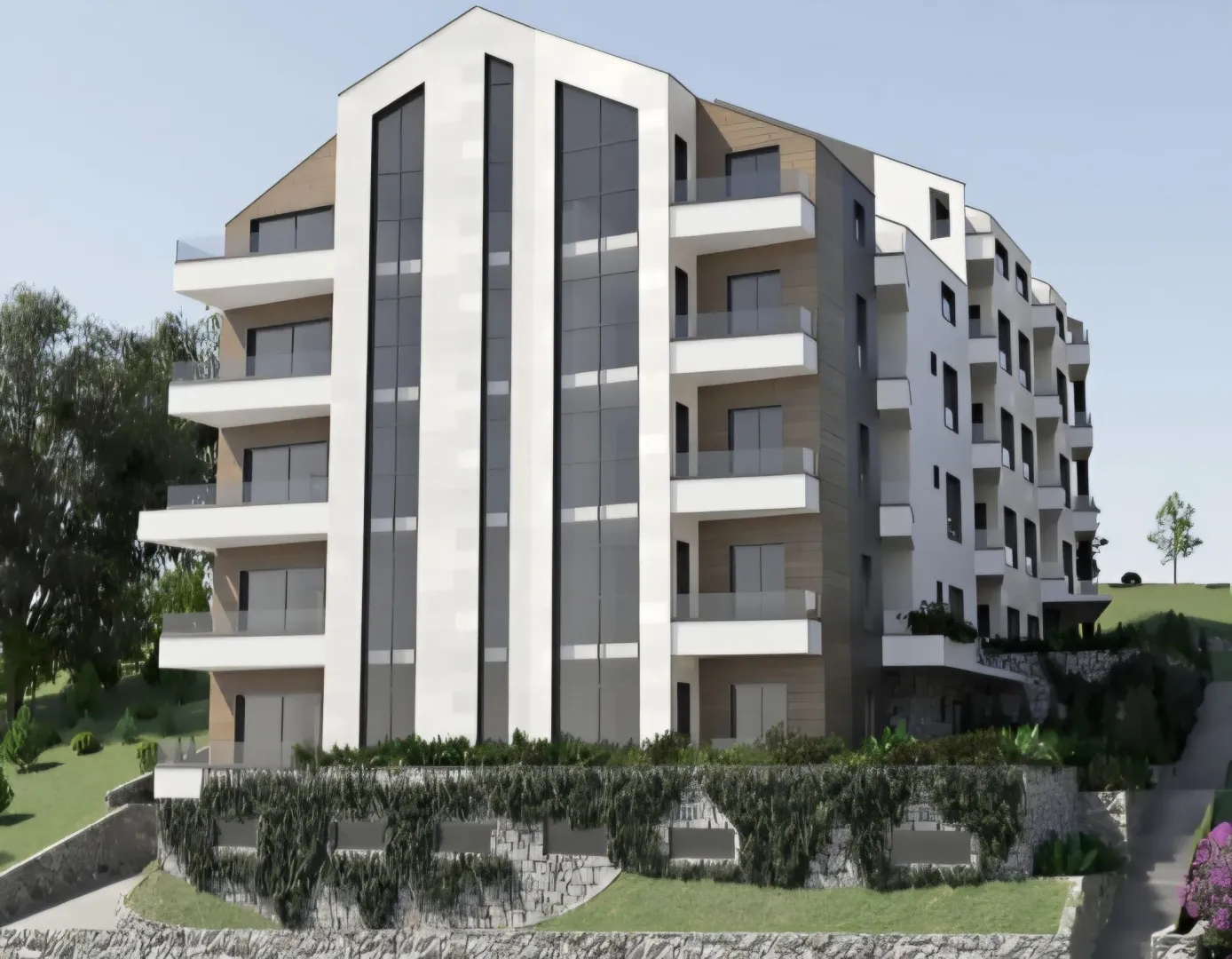 Spoljašnji izgled moderne stambene zgrade sa terasama i uređenim dvorištem.