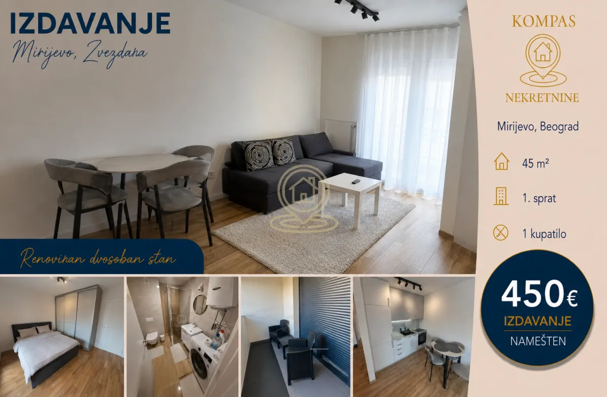 Rent, two bedroom apartment, 45m², Mirijevo Sve Podlokacije, Beograd