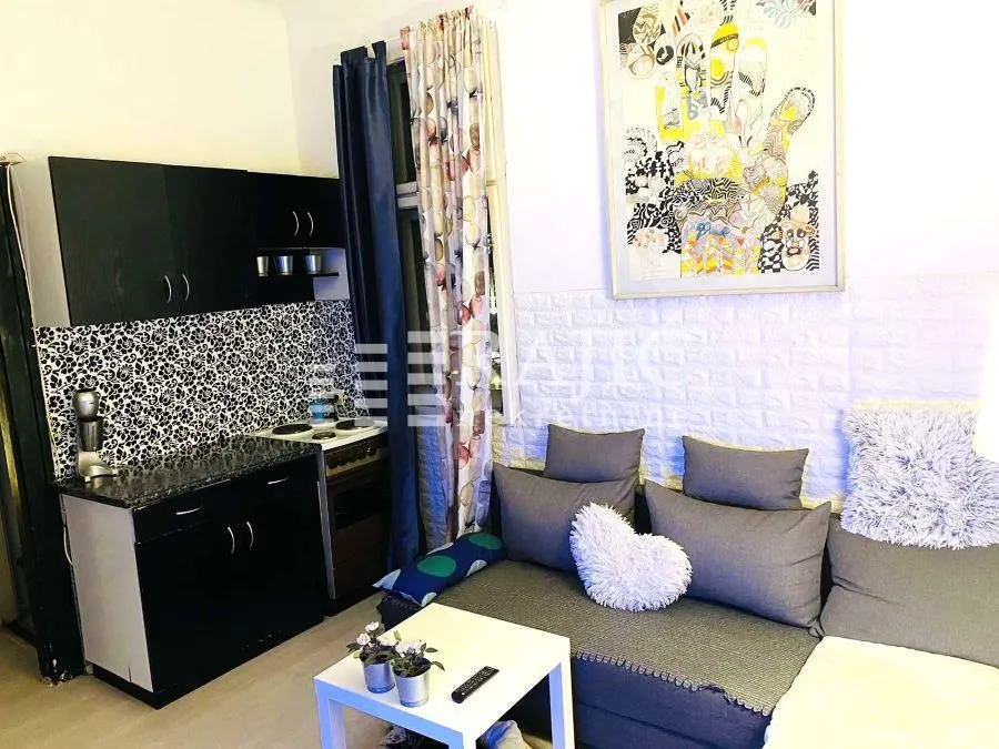 Living room with a kitchen and dining area.