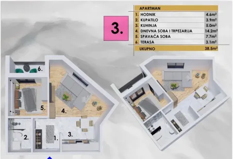 3D tlocrt apartmana sa rasporedom prostorija i površinama. - image 2
