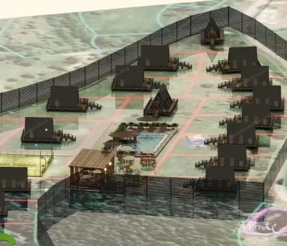 Prikaz 3D projekta kompleksa sa montažnim kućicama, bazenom i pratećim sadržajima. - image 8